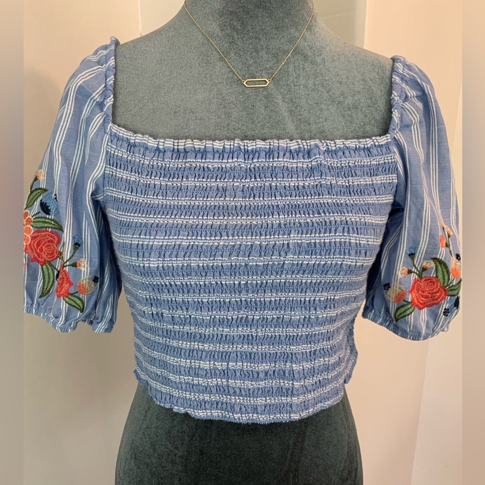 Embroidered Floral Summer Square Neck Striped Top  Size Medium